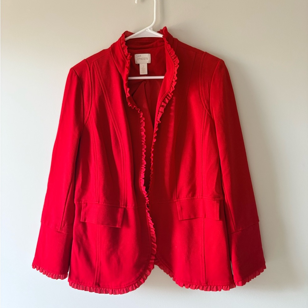 Chico’s Women’s Size 2/ Large Cherry Red Faux Suede Blazer Jacket Frill Trim